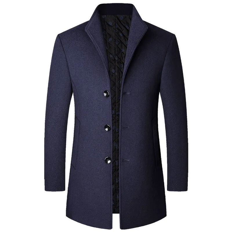Men's wool-polyester blend solid colour casual coat for autumn and winter, front view