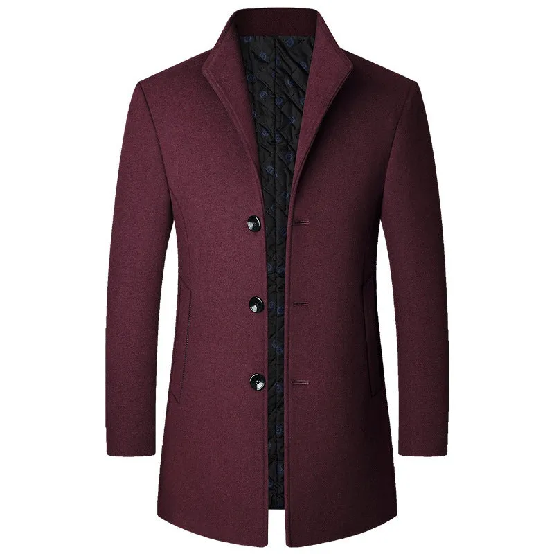 Men's wool-polyester blend solid colour casual coat for autumn and winter, front view