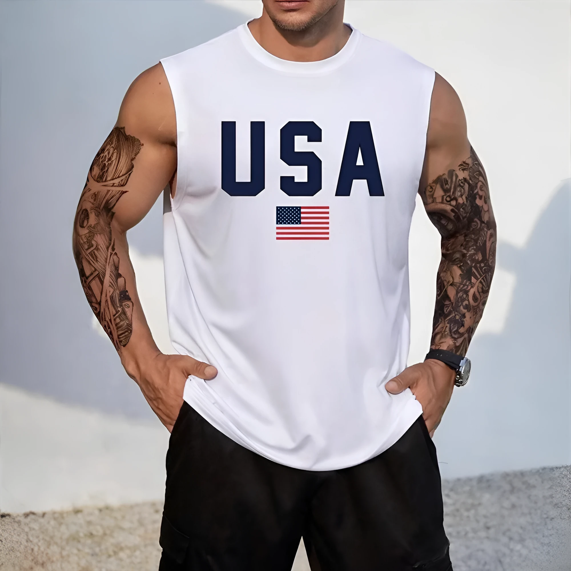 Men's sleeveless polyester vest top in dark heather grey with printed design, available in sizes S to XXXXL
