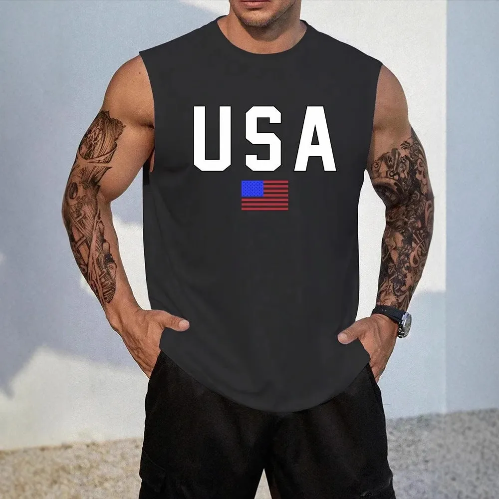 Men's sleeveless polyester vest top in dark heather grey with printed design, available in sizes S to XXXXL