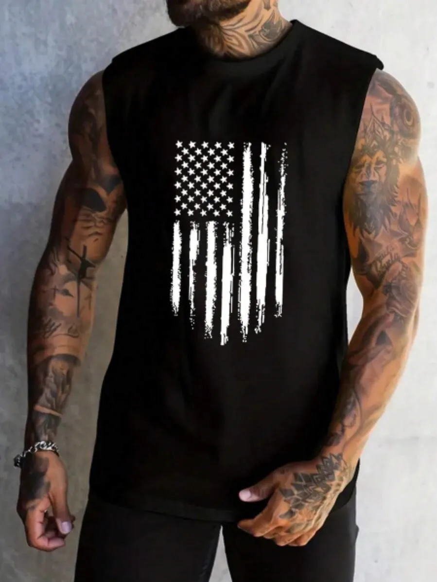 Men's sleeveless polyester vest top in dark heather grey with printed design, available in sizes S to XXXXL
