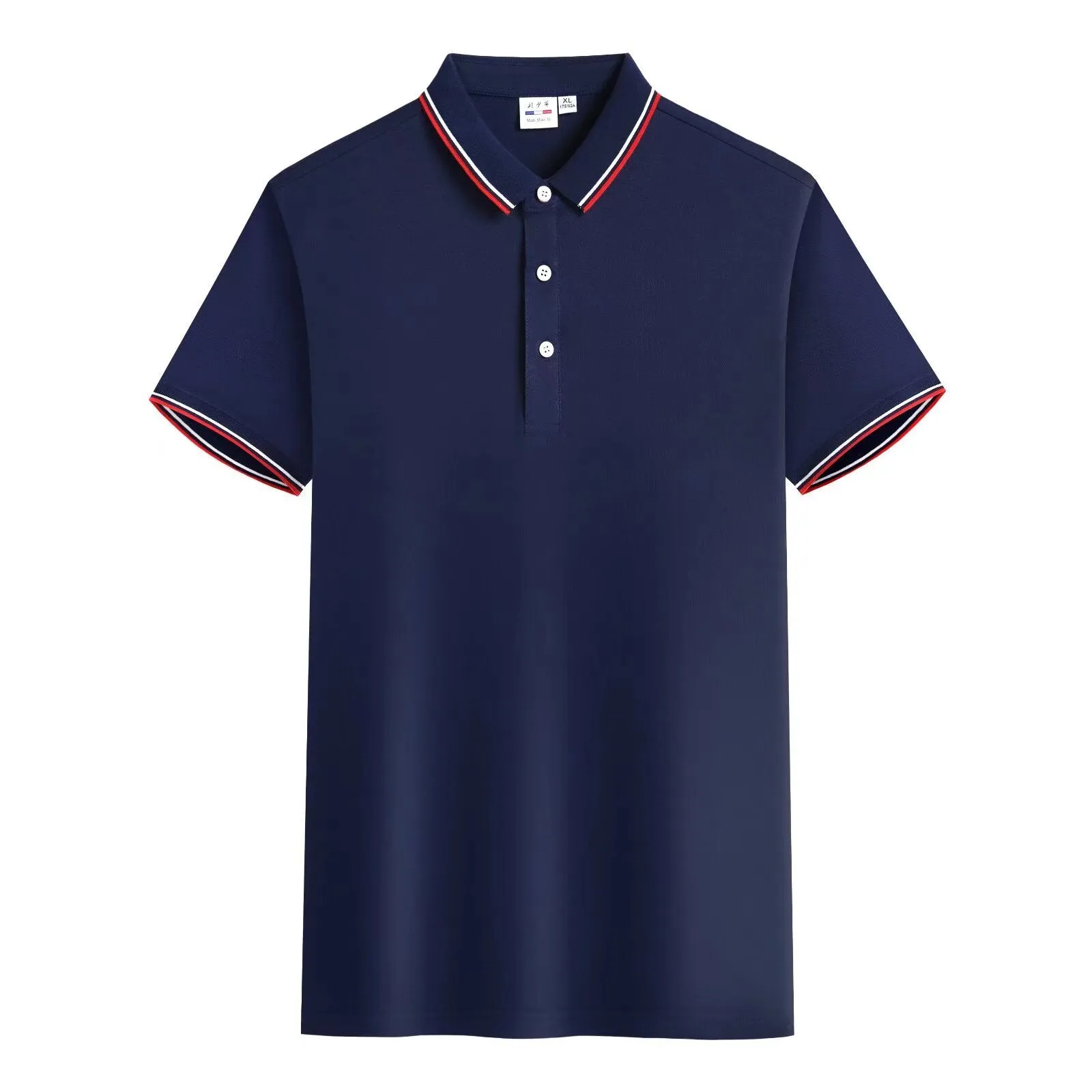 Men's embroidered lapel short sleeve top in navy blue, straight fit, cotton ice ion blend, short sleeves
