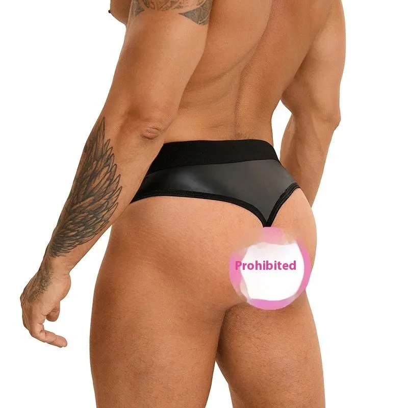 Black PU leather men's plus size sexy briefs on a model