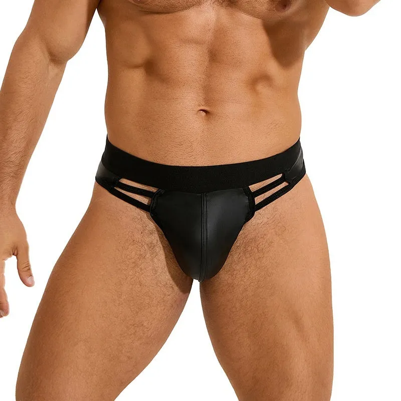 Black PU leather men's plus size sexy briefs on a model