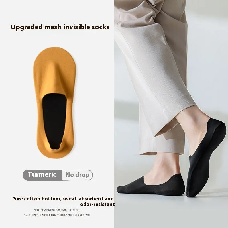 Men's cotton invisible boat socks in solid colours with non-slip sweat-absorbent design
