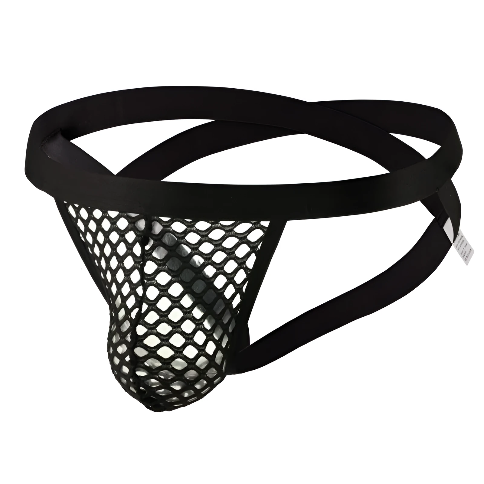 Men's T-back G-string in black lace mesh with low waist and double-layer design