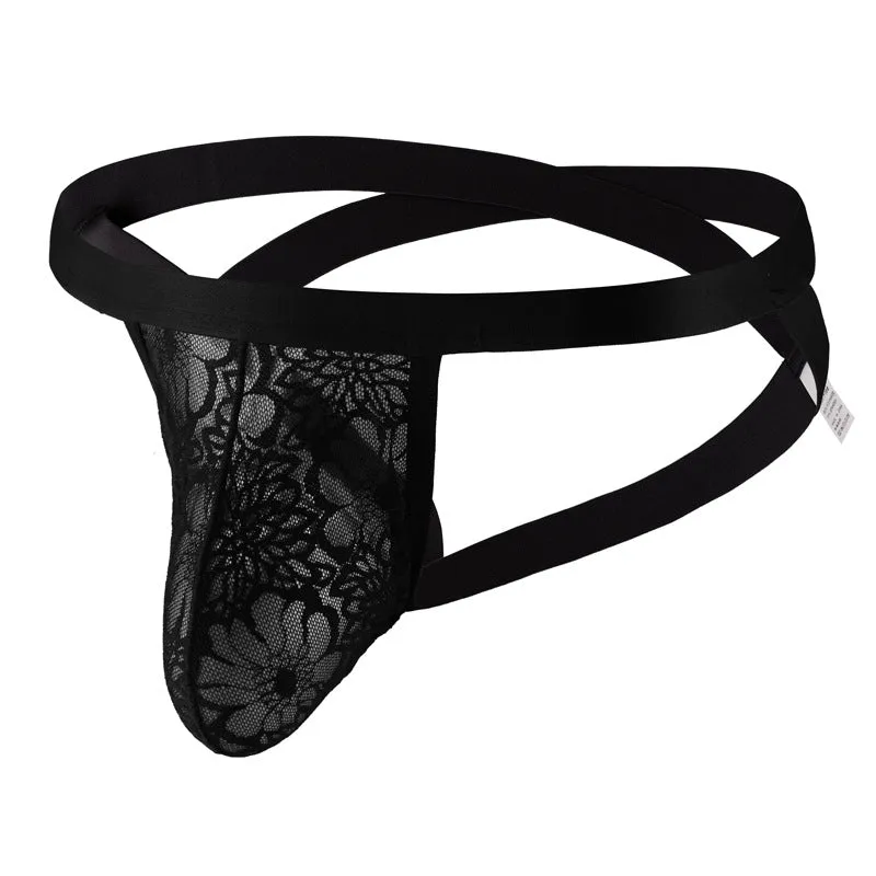 Men's T-back G-string in black lace mesh with low waist and double-layer design