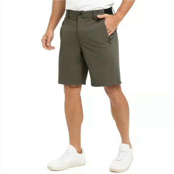 Men's casual loose cotton sports golf shorts in khaki colour, shown flat lay