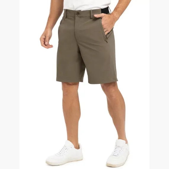 Men's casual loose cotton sports golf shorts in khaki colour, shown flat lay