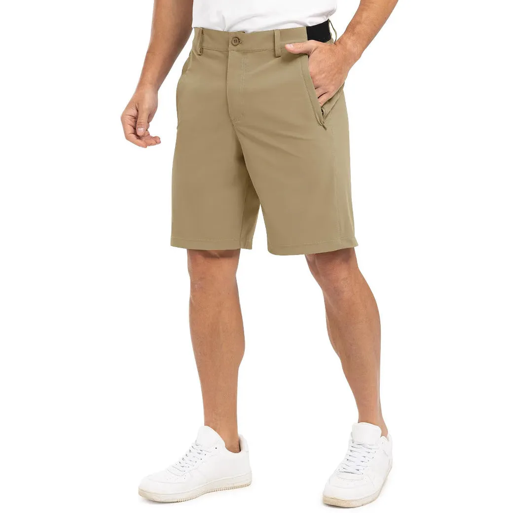 Men's casual loose cotton sports golf shorts in khaki colour, shown flat lay