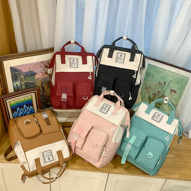 Multi-functional large capacity nylon backpack for high school, breathable with curved shoulder strap and six colour options including black and pink