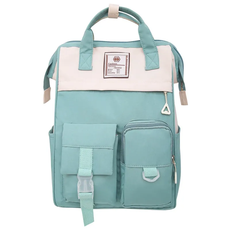 Multi-functional large capacity nylon backpack for high school, breathable with curved shoulder strap and six colour options including black and pink