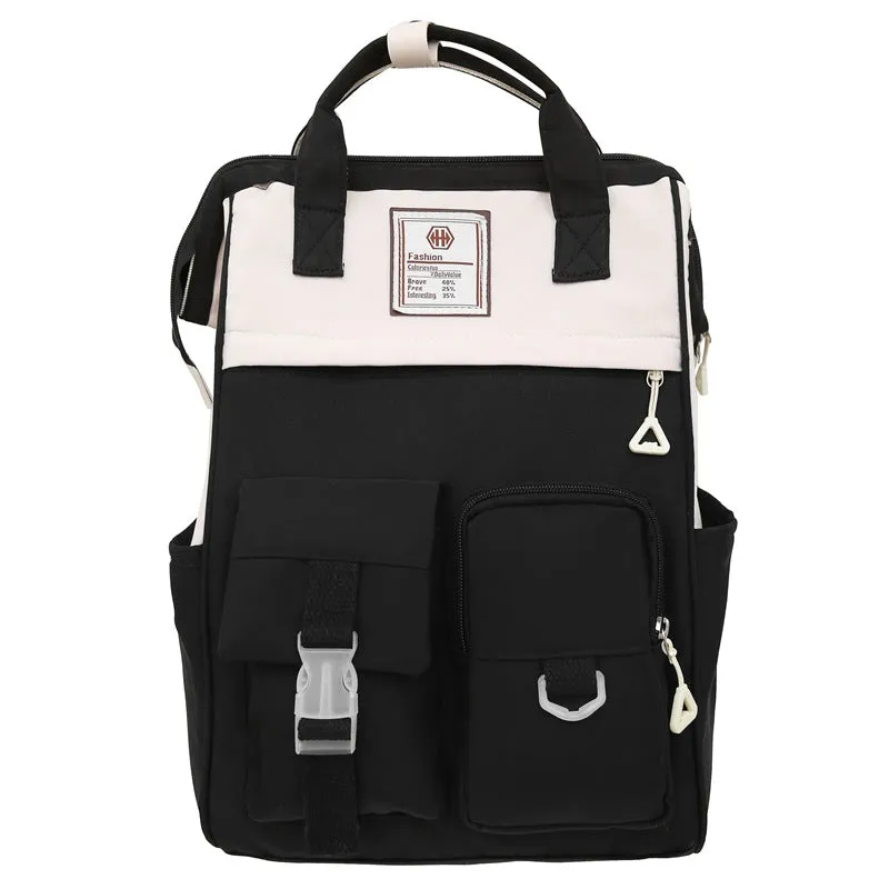 Multi-functional large capacity nylon backpack for high school, breathable with curved shoulder strap and six colour options including black and pink