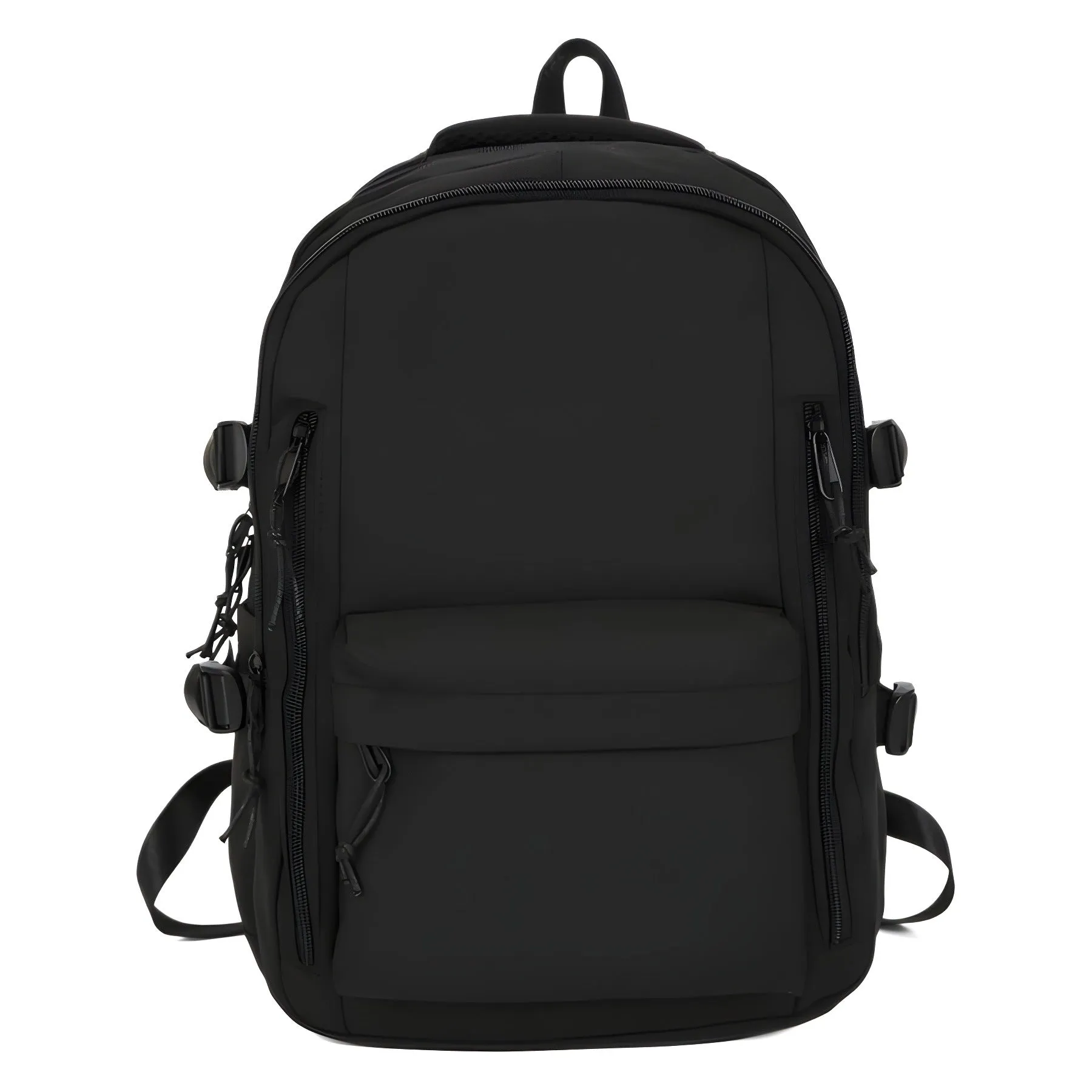 Women's large capacity solid colour schoolbag in black with curved shoulder strap and nylon material