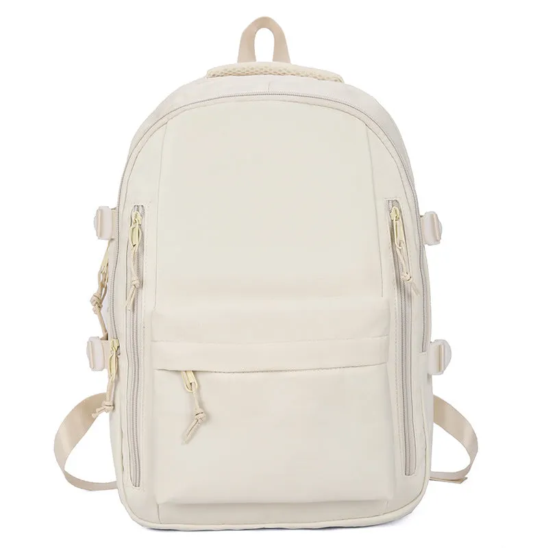 Women's large capacity solid colour schoolbag in black with curved shoulder strap and nylon material