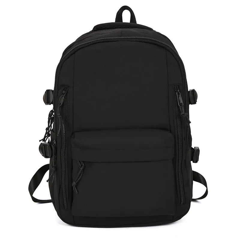 Women's large capacity solid colour schoolbag in black with curved shoulder strap and nylon material