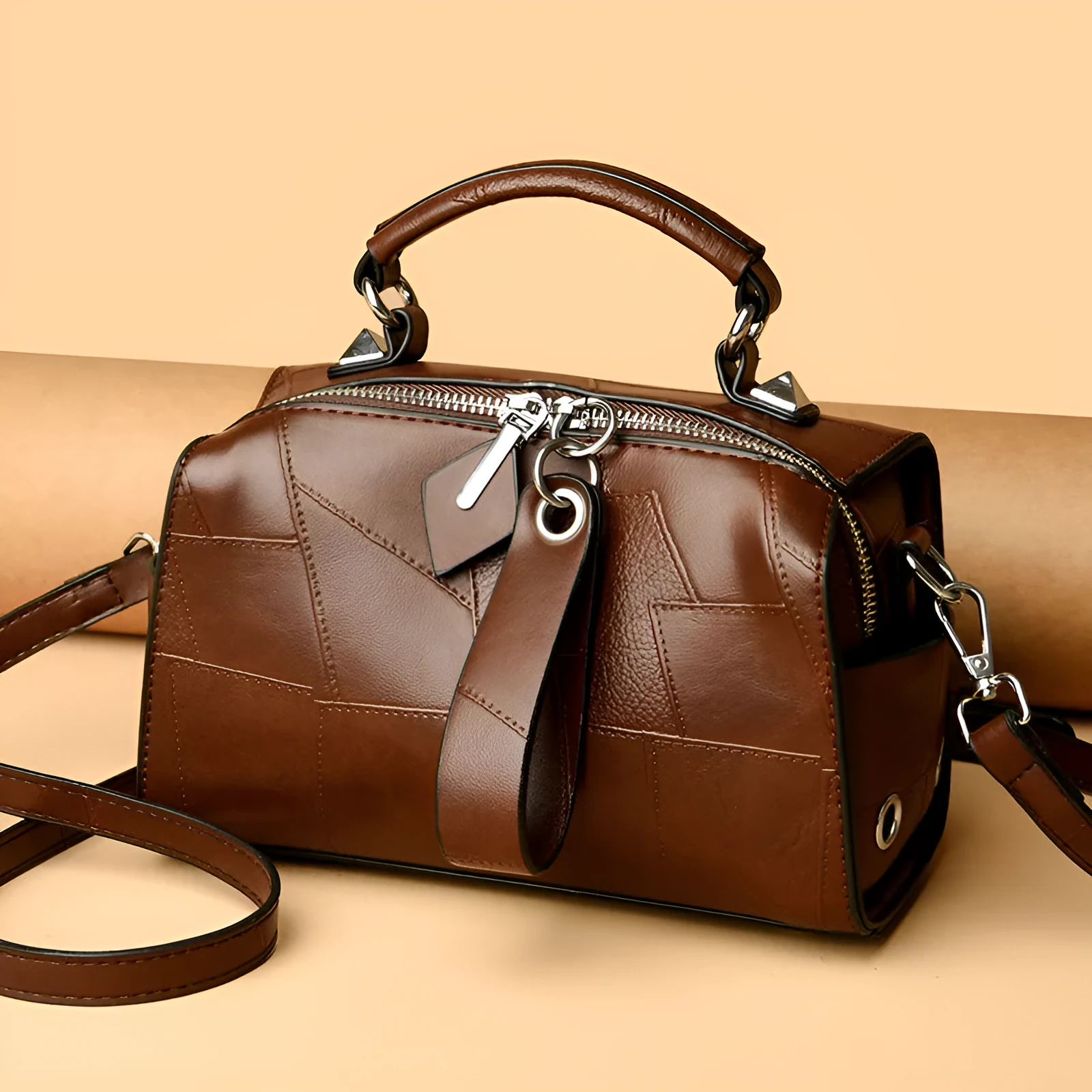 Urban simple large capacity PU handbag for women in light brown with shoulder strap and multiple pockets