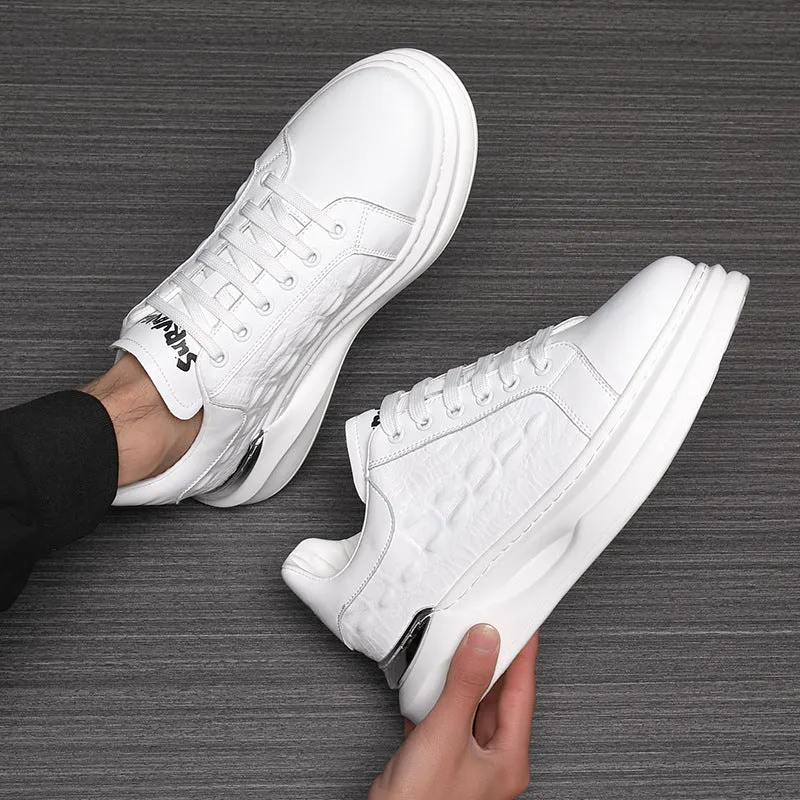 Men's platform casual shoes in brown cowhide leather with white laces and black PU sole on a white background
