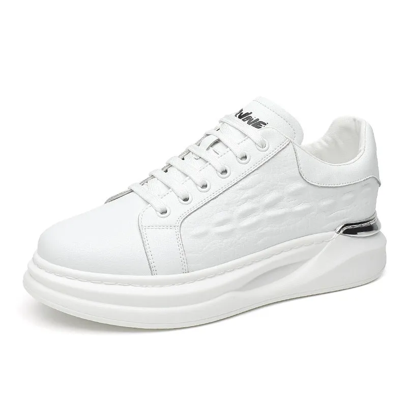 Men's platform casual shoes in brown cowhide leather with white laces and black PU sole on a white background