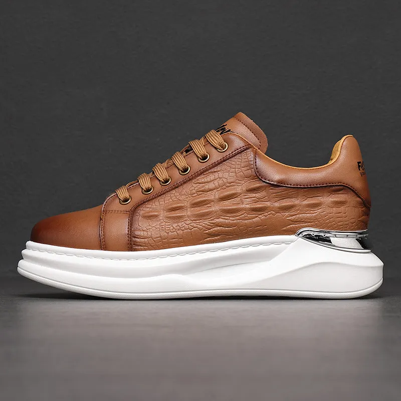 Men's platform casual shoes in brown cowhide leather with white laces and black PU sole on a white background
