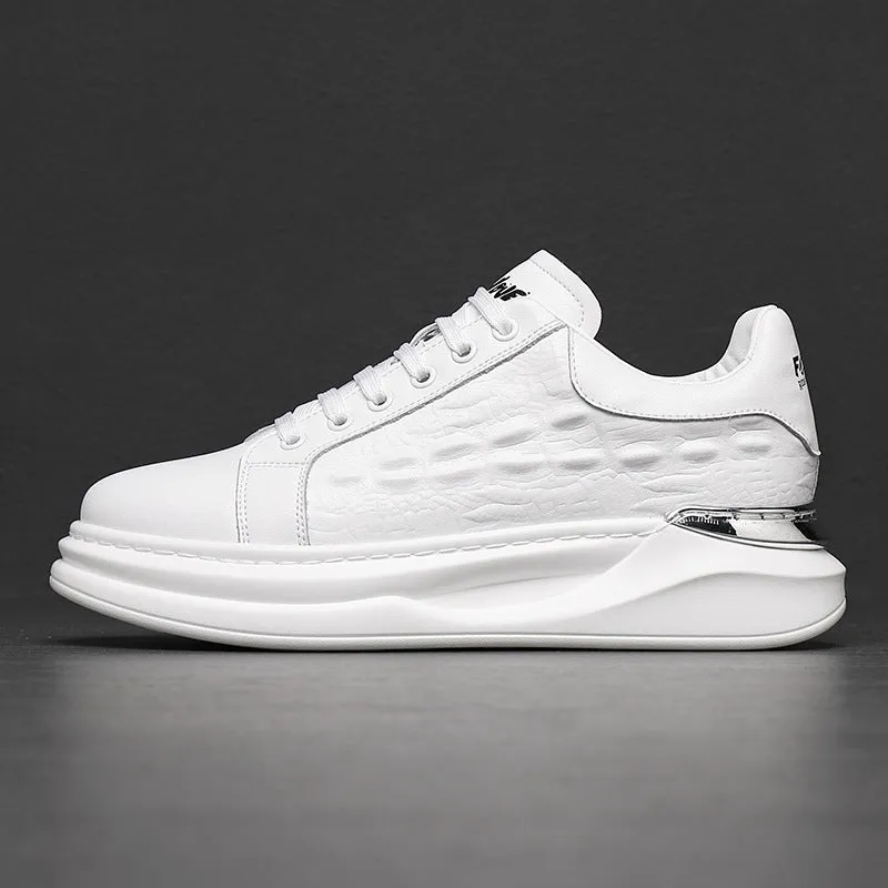 Men's platform casual shoes in brown cowhide leather with white laces and black PU sole on a white background