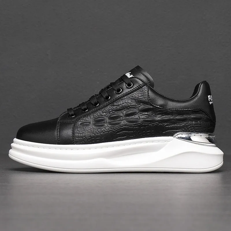 Men's platform casual shoes in brown cowhide leather with white laces and black PU sole on a white background