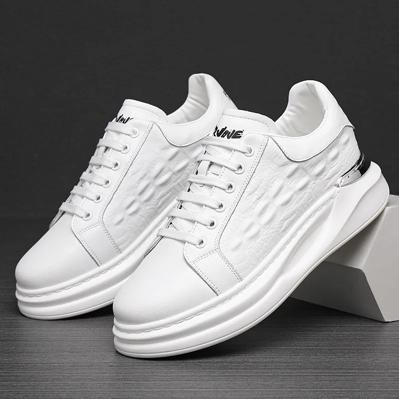 Men's platform casual shoes in brown cowhide leather with white laces and black PU sole on a white background