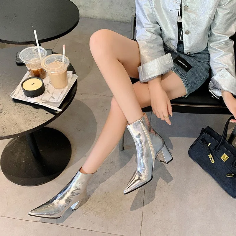 Chunky heel retro ankle boots for women, pointed toe, available in silver or gold