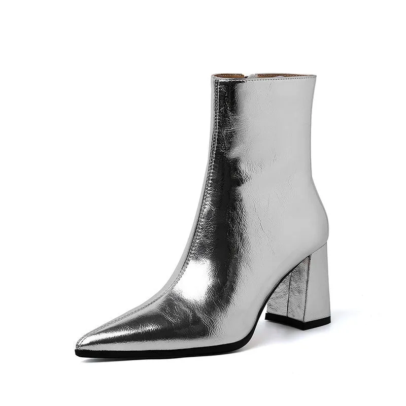 Chunky heel retro ankle boots for women, pointed toe, available in silver or gold