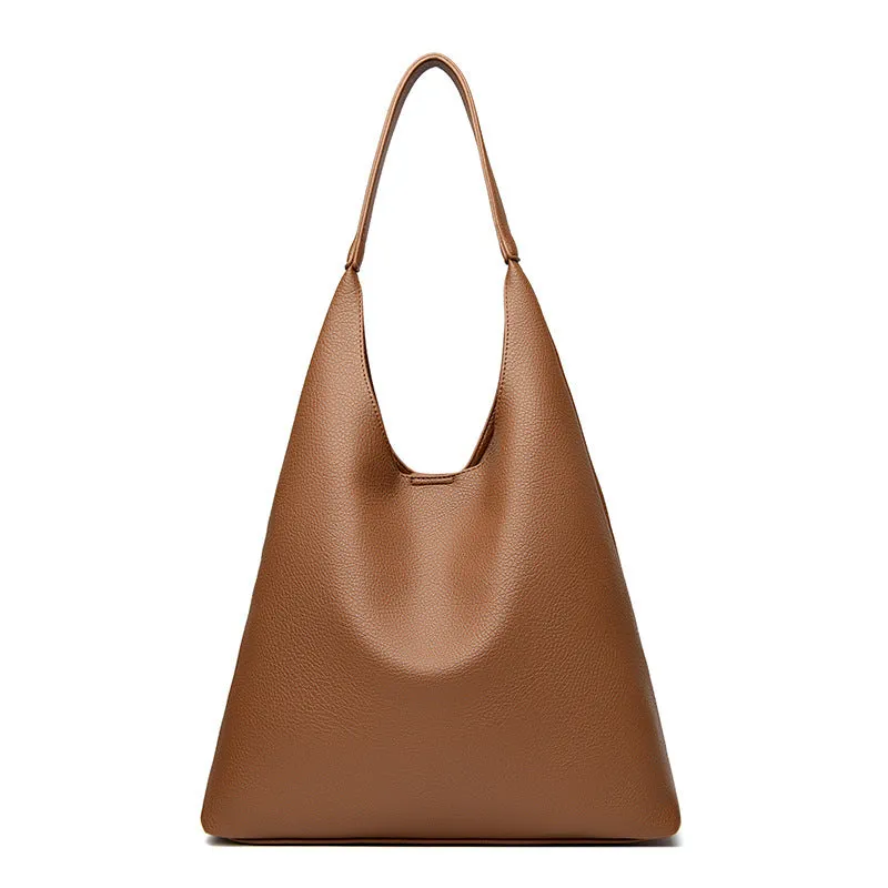 Retro large capacity soft PU leather shoulder bag in caramel colour, horizontal square shape