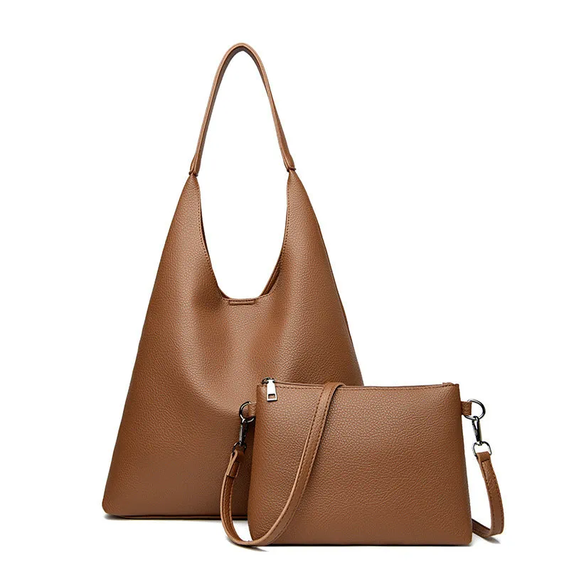 Retro large capacity soft PU leather shoulder bag in caramel colour, horizontal square shape