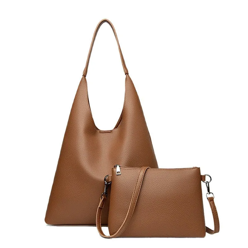 Retro large capacity soft PU leather shoulder bag in caramel colour, horizontal square shape