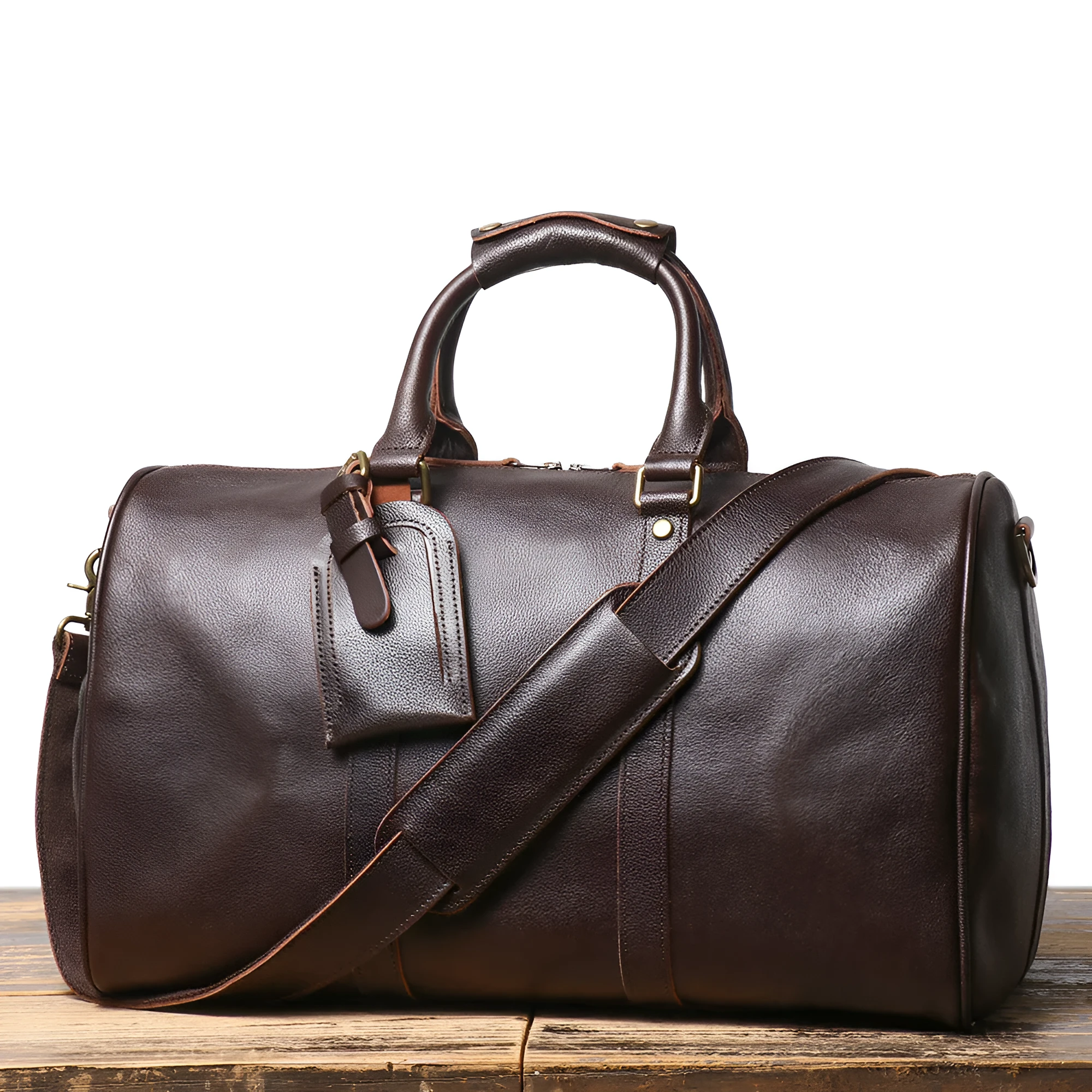 Men's genuine leather shoulder crossbody gym bag in dark coffee colour with visible stitching and adjustable strap