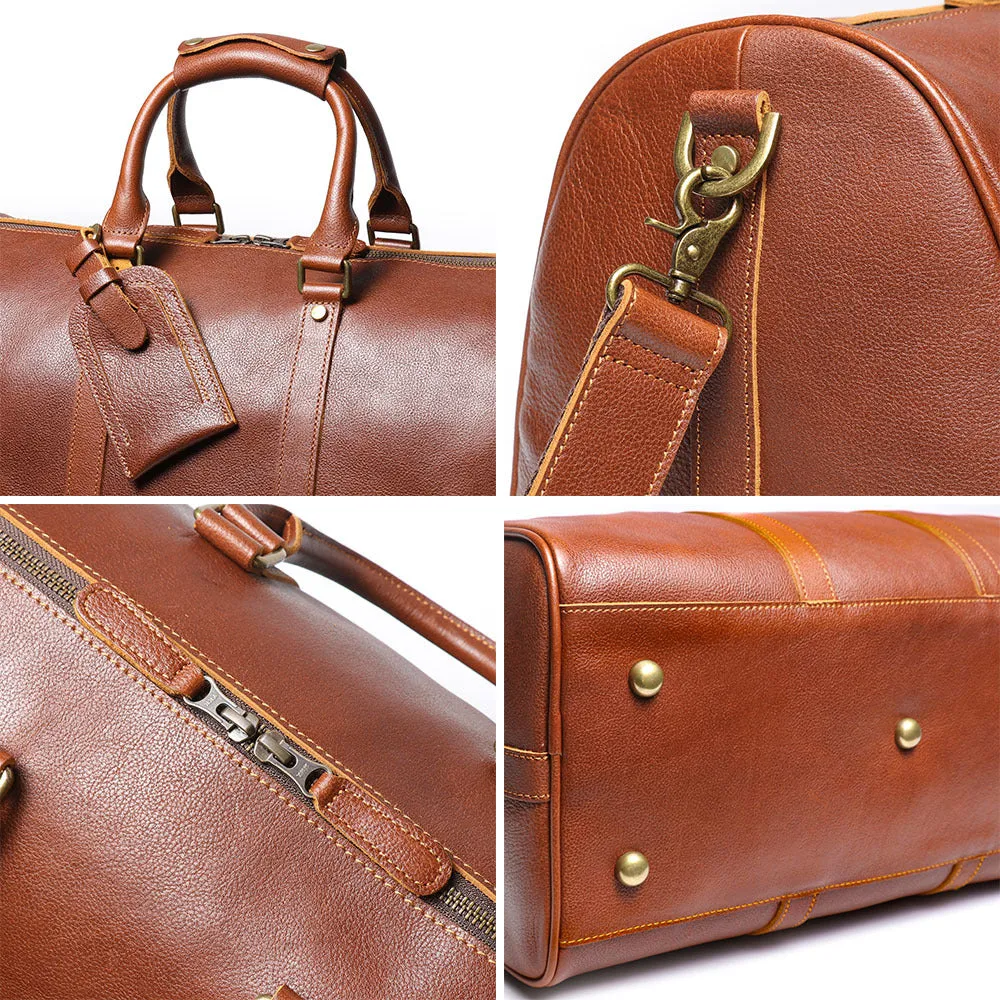 Men's genuine leather shoulder crossbody gym bag in dark coffee colour with visible stitching and adjustable strap