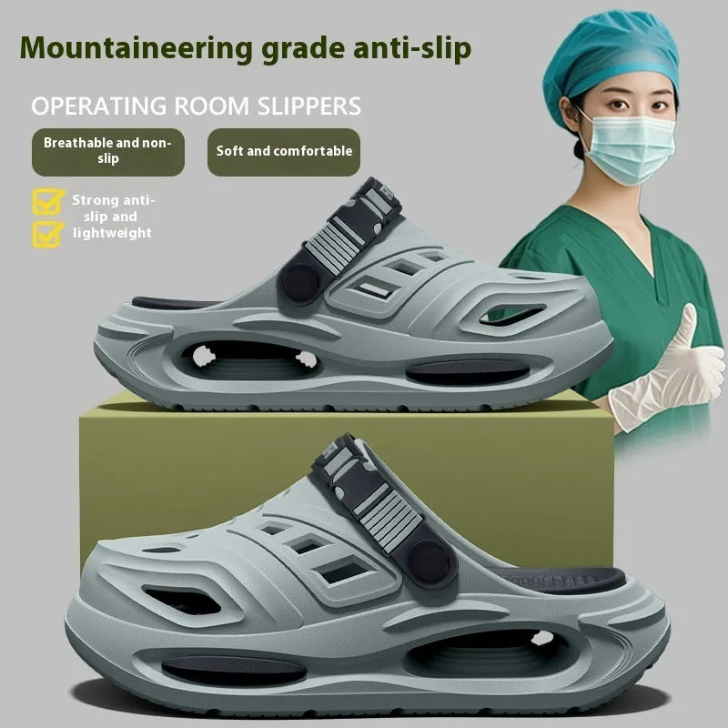 Men's summer outdoor EVA hole slippers in black with non-slip injection-moulded sole and closed toe cap