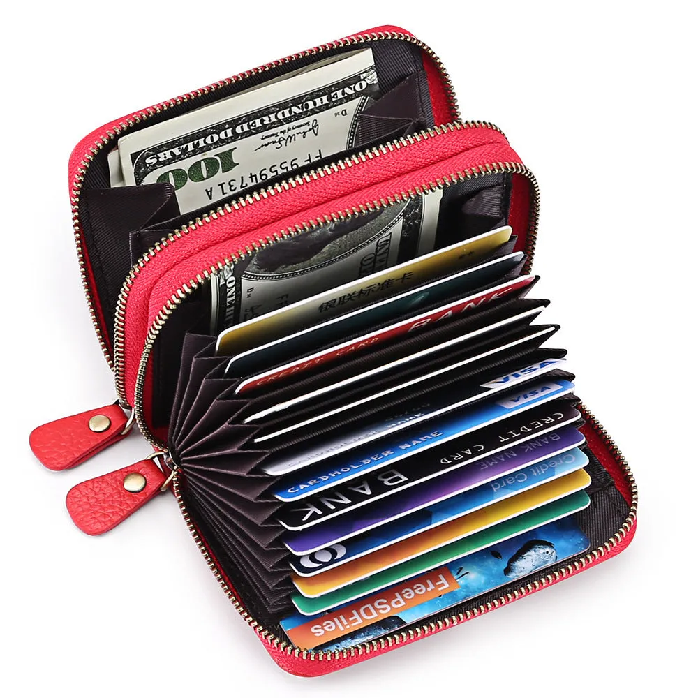 Genuine cowhide leather expanding card holder wallet with anti-theft card slots