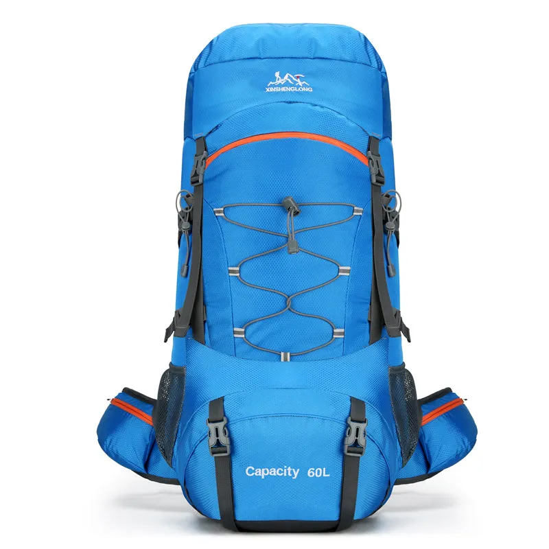 Large capacity lightweight waterproof mountaineering bag in army green with multiple compartments and padded straps
