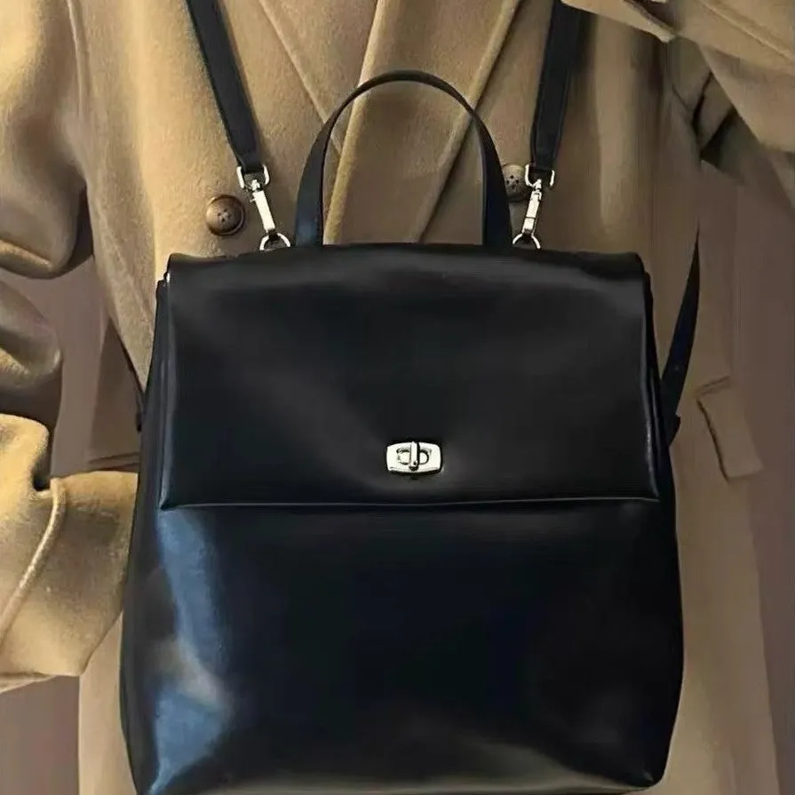 Korean style retro oil wax leather backpack in black, PU leather, 31x30x15cm, street trend everyday bag