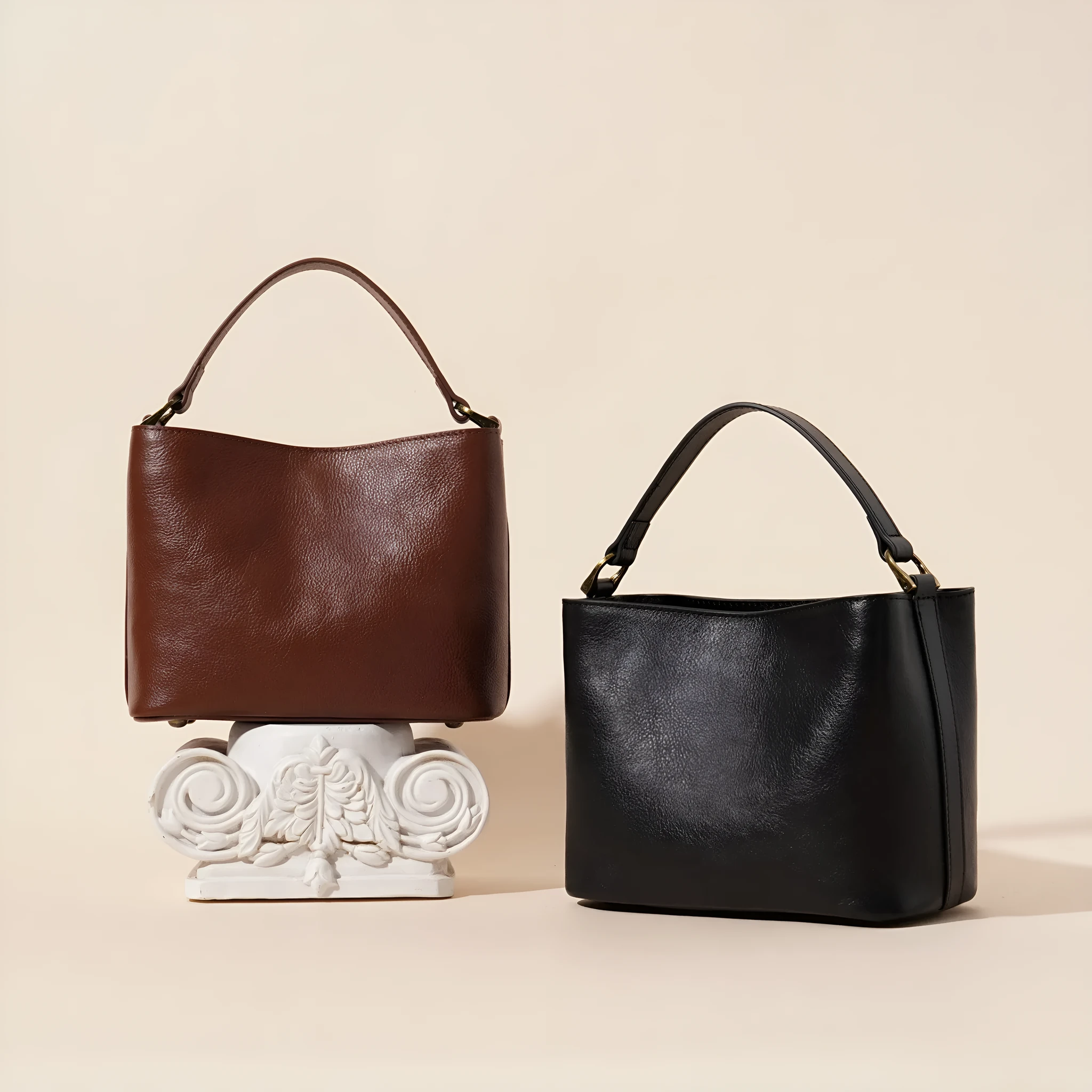 Sugar Brown genuine cowhide leather women's vintage casual shoulder handbag with square shape and sewing thread detailing