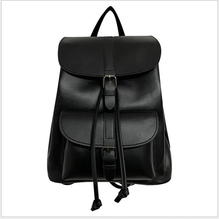 Retro college style small PU bucket bag in khaki with clamshell opening and multiple interior pockets