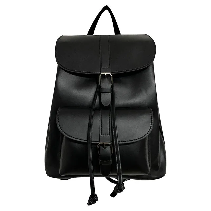 Retro college style small PU bucket bag in khaki with clamshell opening and multiple interior pockets