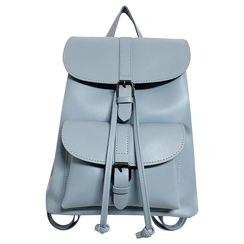 Retro college style small PU bucket bag in khaki with clamshell opening and multiple interior pockets