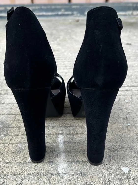 Black suede 13cm chunky heel platform sandals with ankle-strap buckle for women