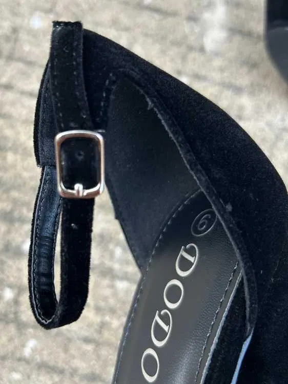 Black suede 13cm chunky heel platform sandals with ankle-strap buckle for women
