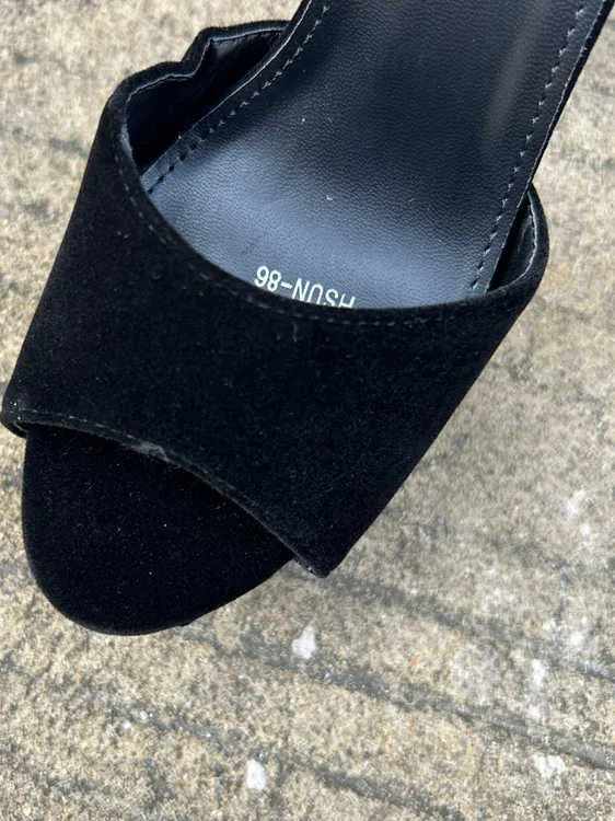 Black suede 13cm chunky heel platform sandals with ankle-strap buckle for women