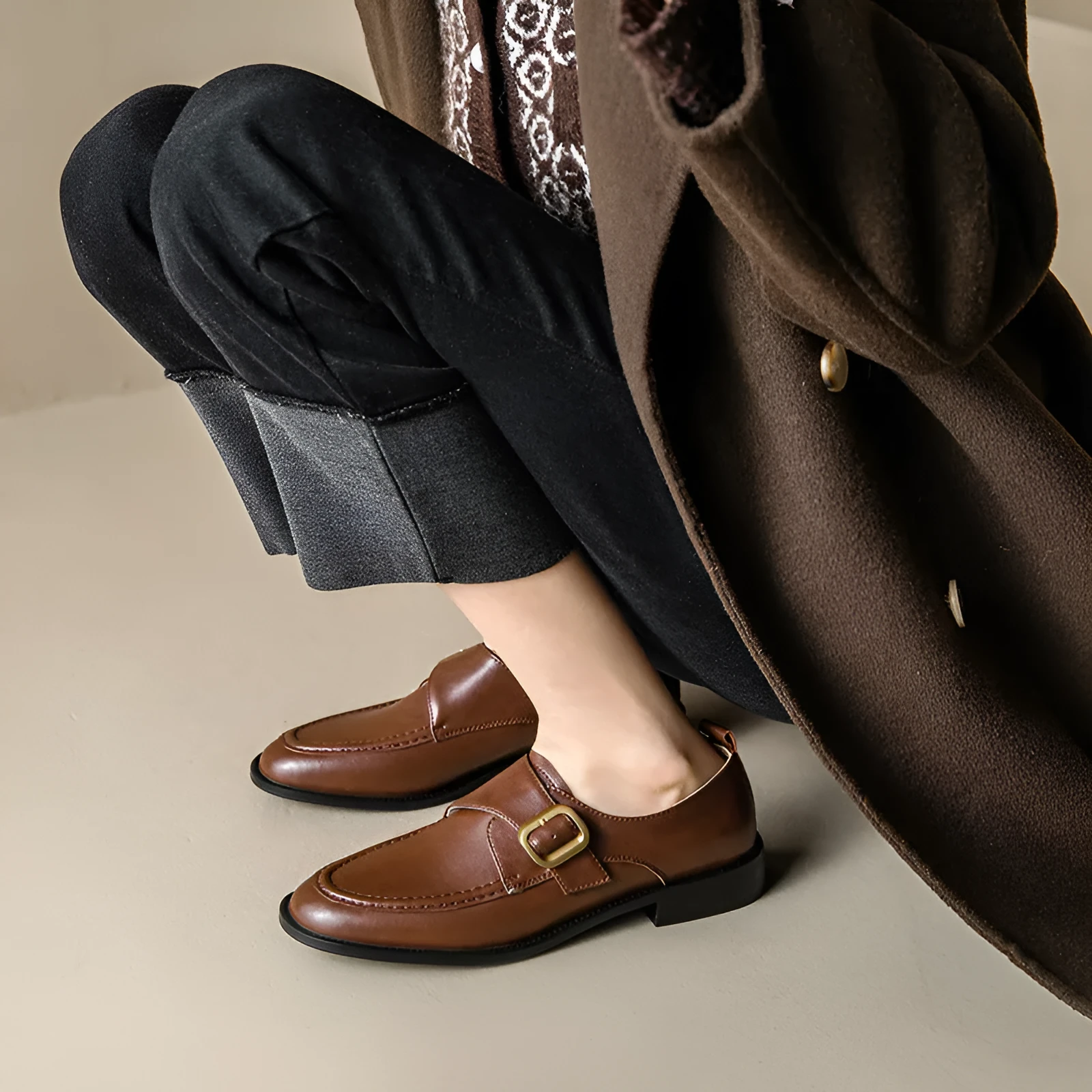 Women's casual round toe mid heel leather shoes with belt buckle in black and brown