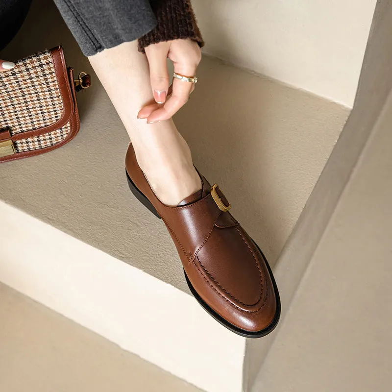Women's casual round toe mid heel leather shoes with belt buckle in black and brown