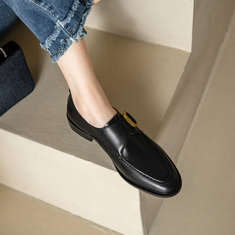 Women's casual round toe mid heel leather shoes with belt buckle in black and brown