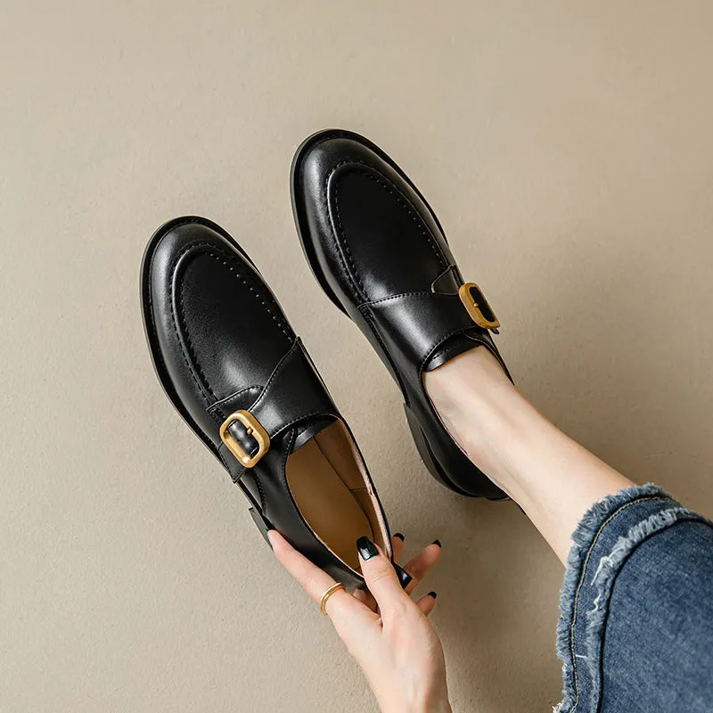 Women's casual round toe mid heel leather shoes with belt buckle in black and brown