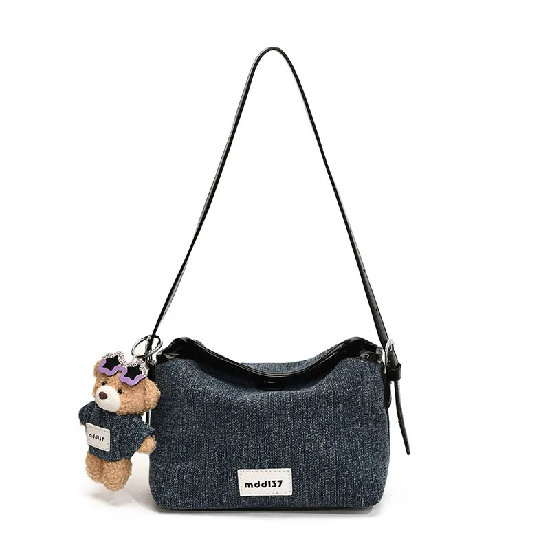 Fashion retro denim small crossbody bag in black with slit pocket and pendant